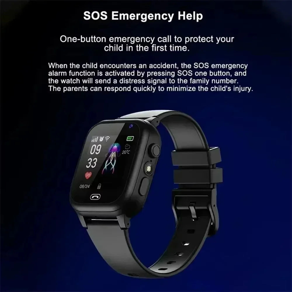 Smartwatch with black band on a dark background, featuring text about SOS emergency help.