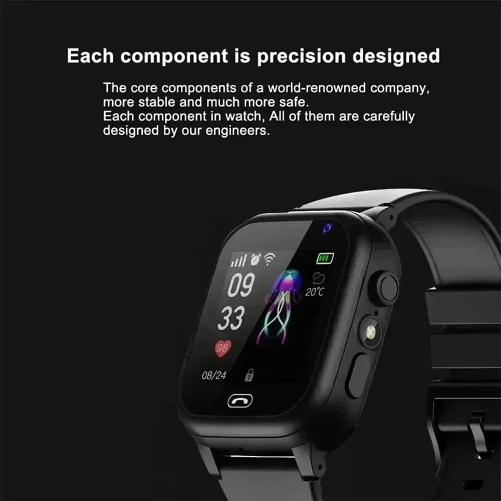 Smartwatch with a black strap on a dark background, displaying various icons and information.