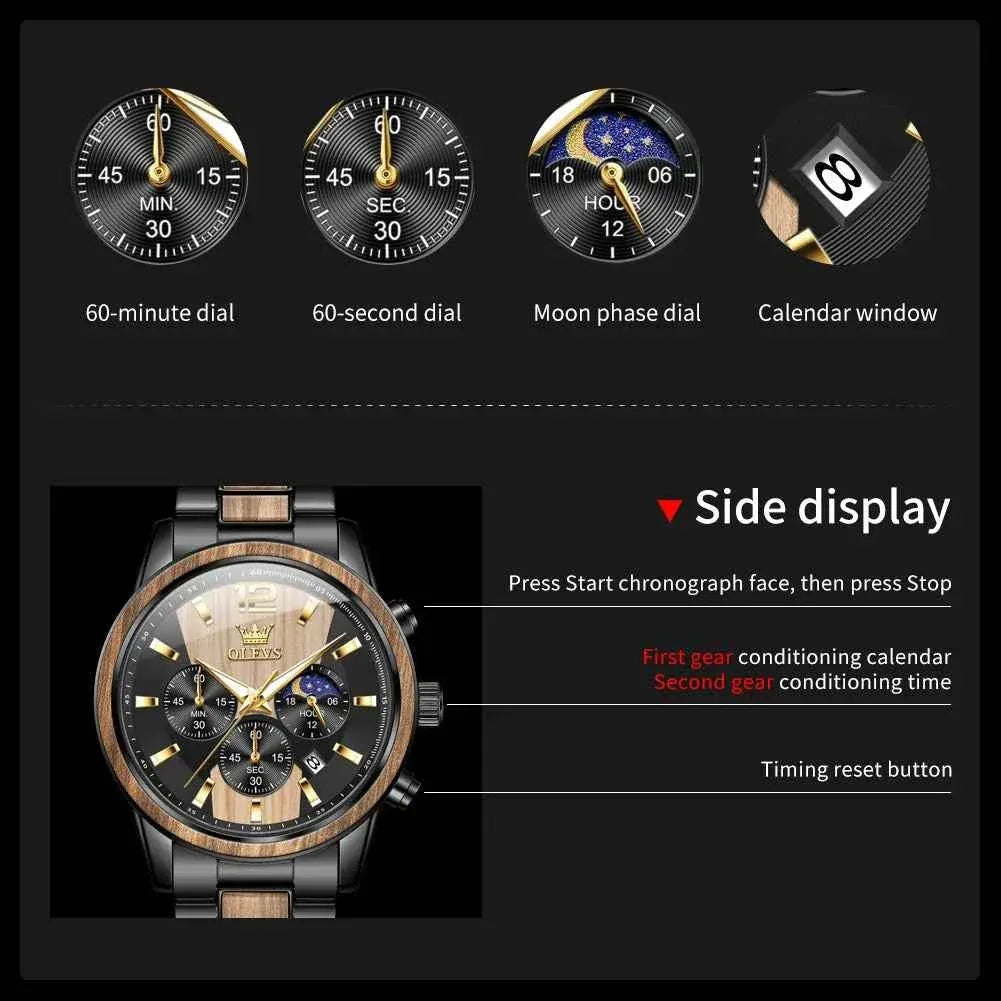 Mens Watch Top Brand Business Original Quartz Watch Solid Wood Multifunctional Chronograph Watch