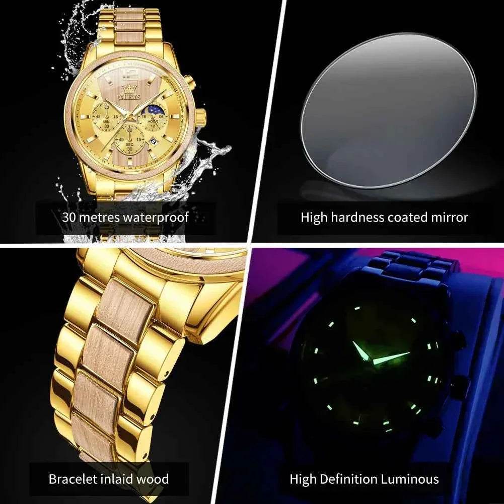 Mens Watch Top Brand Business Original Quartz Watch Solid Wood Multifunctional Chronograph Watch