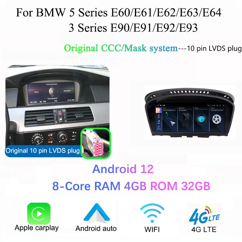 BMW E60 E90 CarPlay Android Auto | 8.8” Android 12 Multimedia - TREASURE ESHOP