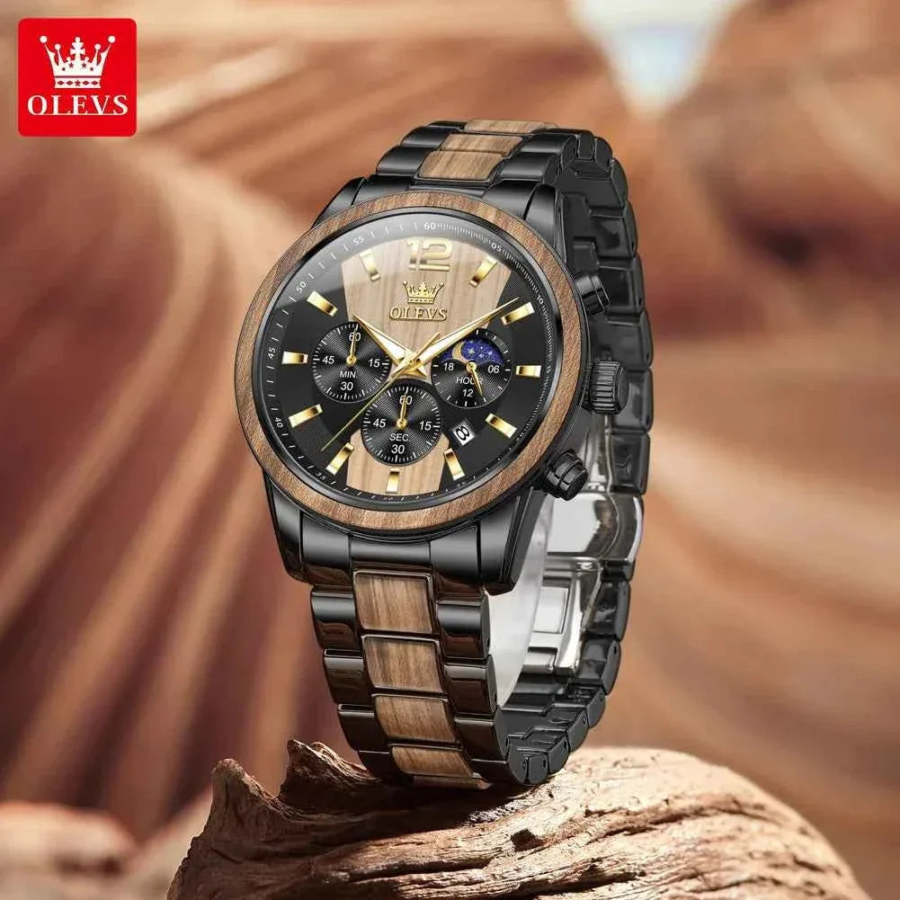 Mens Watch Top Brand Business Original Quartz Watch Solid Wood Multifunctional Chronograph Watch