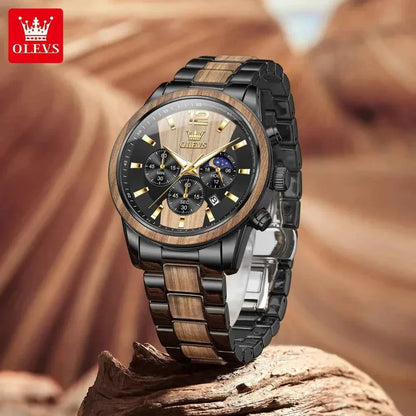 Mens Watch Top Brand Business Original Quartz Watch Solid Wood Multifunctional Chronograph Watch