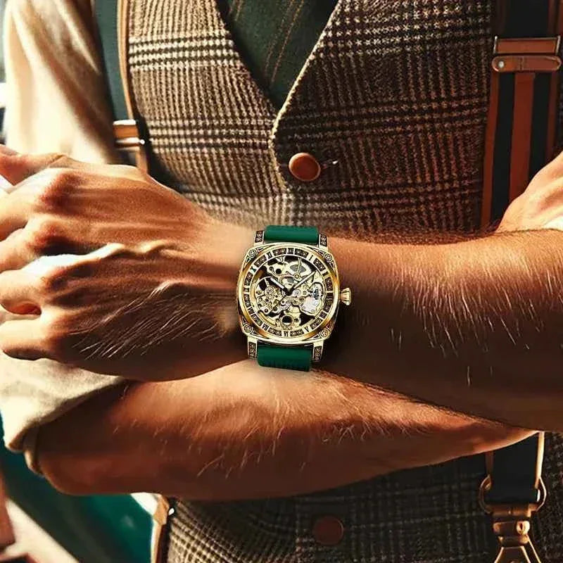 MEN'S Gold Carved Hollow Fashionable Retro Luminous Business and Leisure Fully Automatic Mechanical Watch