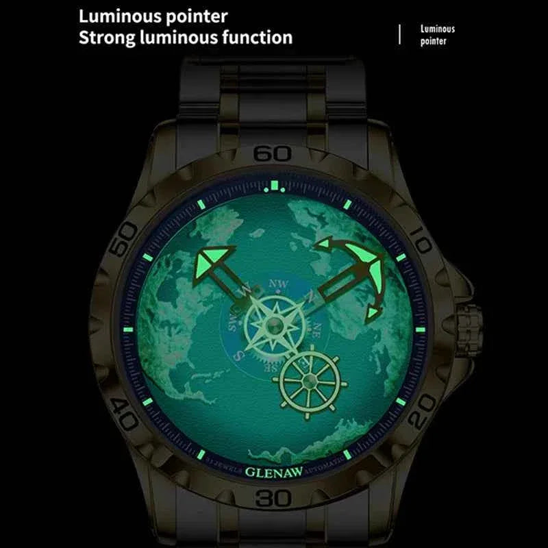 GLENAW Design New Men Watches Nautical Series Traveler Stainless Steel Glowing Waterproof Mechanical Watch Men's Clock GL8683