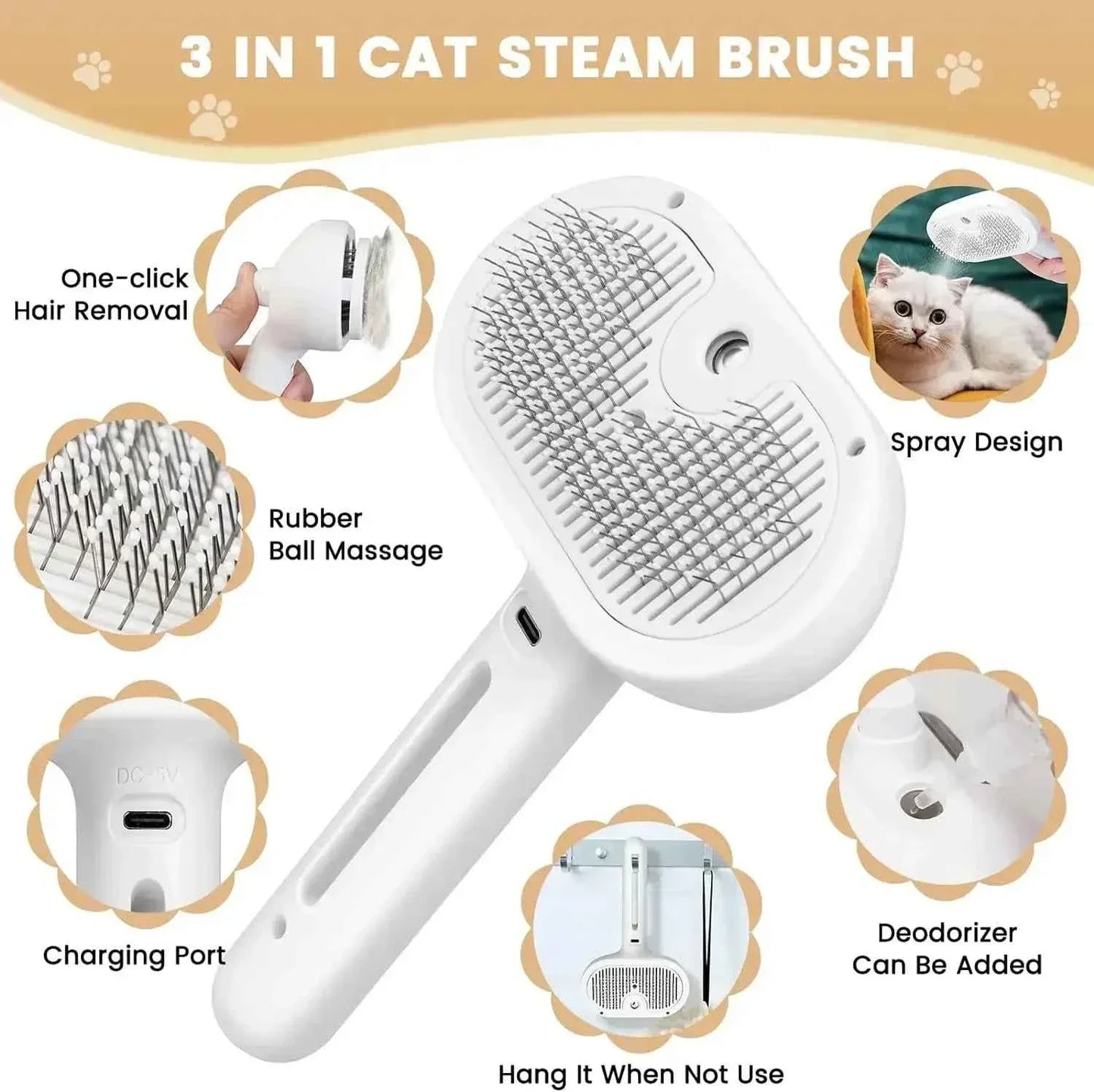 Multifunctional Pet Grooming Steam Brush for Cats & Dogs | Self-Cleaning Deshedding Tool