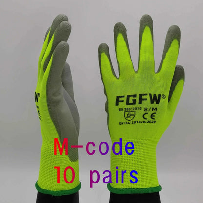 10 Pairs PU Coated Work Gloves - Lightweight, Durable Safety Gloves EN 388/ISO20471 Certified, Sizes S/M/L/XL
