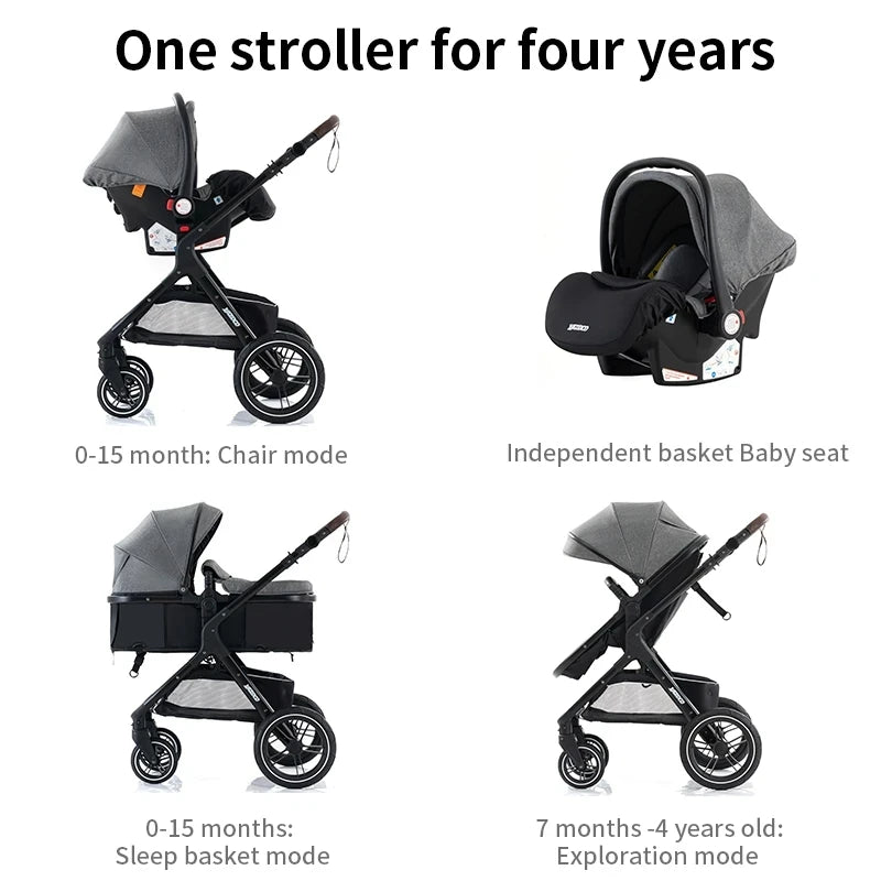 3-in-1 Luxury High-Landscape Baby Stroller – Portable Travel System with Aluminum Frame & Newborn Bassinet