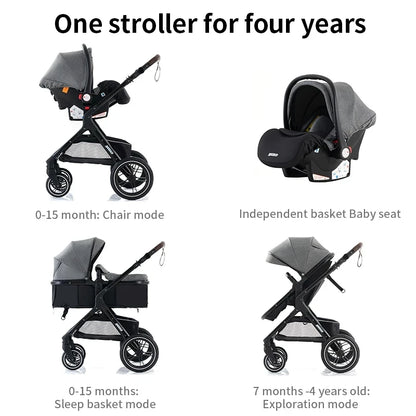 3-in-1 Luxury High-Landscape Baby Stroller – Portable Travel System with Aluminum Frame & Newborn Bassinet
