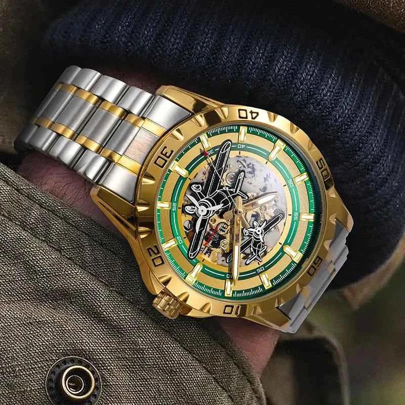 Men Watches Pilot Series Propeller Rotation Hollow Automatic Mechanical Watches waterproof Stainless Steel Watch