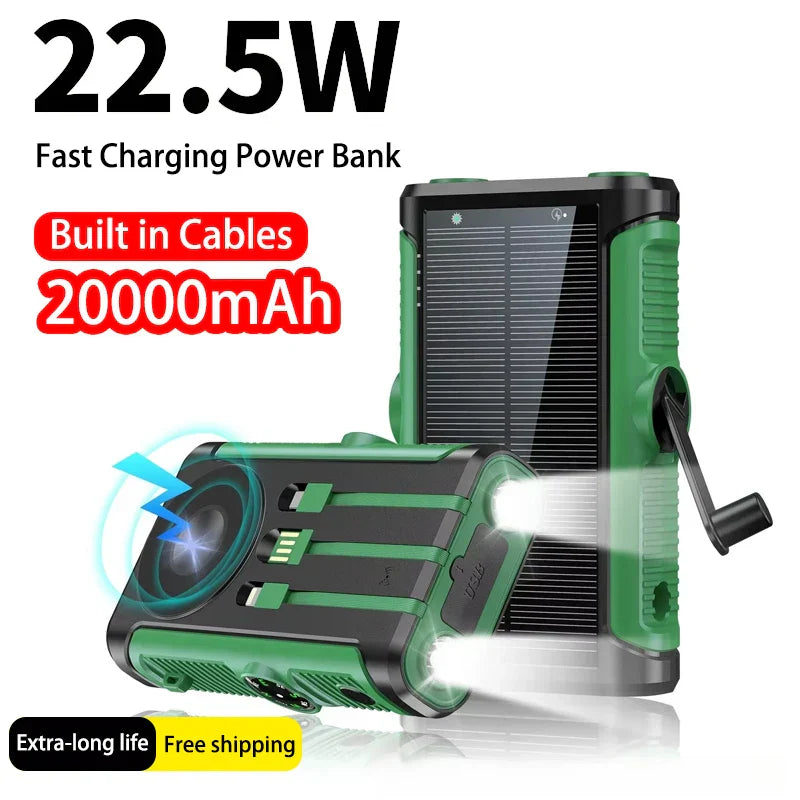 Solar Power Bank 20000mAh with Hand Crank & Wireless Charging – Outdoor Portable Charger