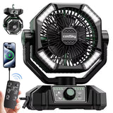 Tragbarer Campingventilator mit 20.000-mAh-Akku, LED-Leuchten und Fernbedienung, aufgehängt im Zelt