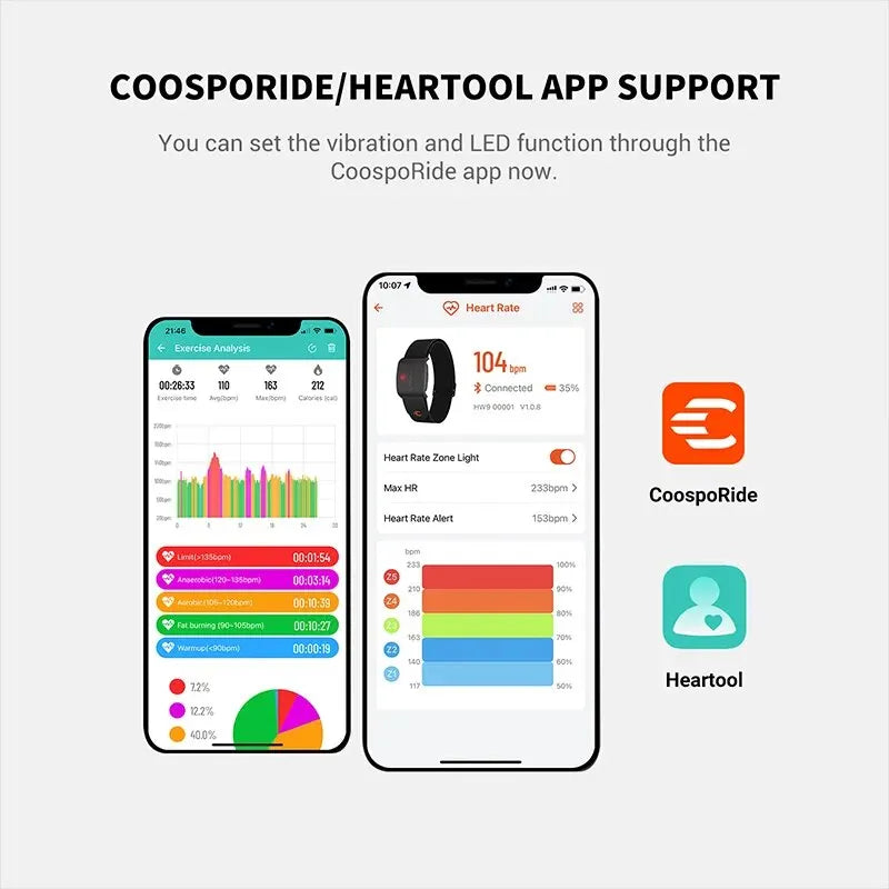 Two smartphone screens displaying CoospoRide and Heartool apps with app icons on a white background.