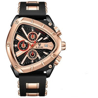 Luxury watch with black strap and rose gold casing on a white background