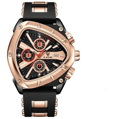Luxury watch with black strap and rose gold casing on a white background