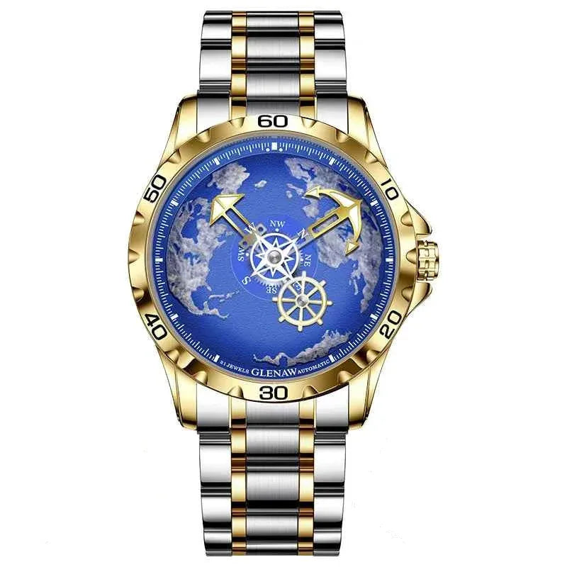 GLENAW Design New Men Watches Nautical Series Traveler Stainless Steel Glowing Waterproof Mechanical Watch Men's Clock GL8683