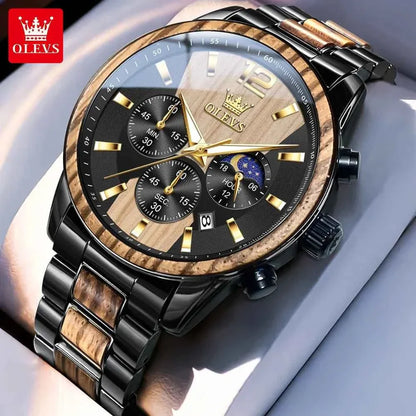 Mens Watch Top Brand Business Original Quartz Watch Solid Wood Multifunctional Chronograph Watch