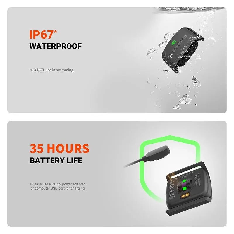 Product packaging with waterproof and battery life features on a gray background