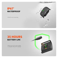 Product packaging with waterproof and battery life features on a gray background
