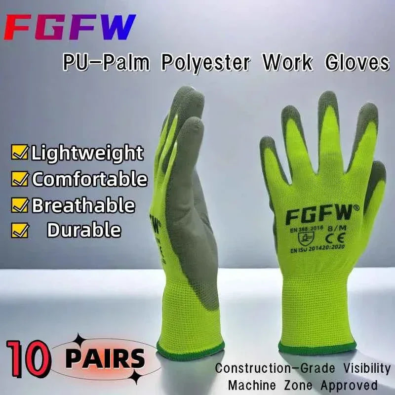 10 Pairs PU Coated Work Gloves - Lightweight, Durable Safety Gloves EN 388/ISO20471 Certified, Sizes S/M/L/XL