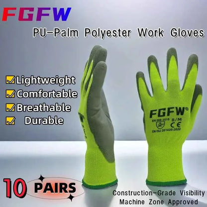 10 Pairs PU Coated Work Gloves - Lightweight, Durable Safety Gloves EN 388/ISO20471 Certified, Sizes S/M/L/XL