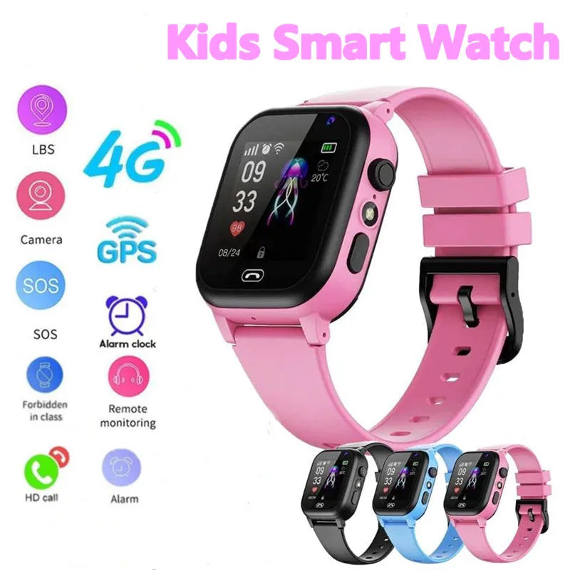 Pink kids smart watch with features and additional watches displayed below on a white background.