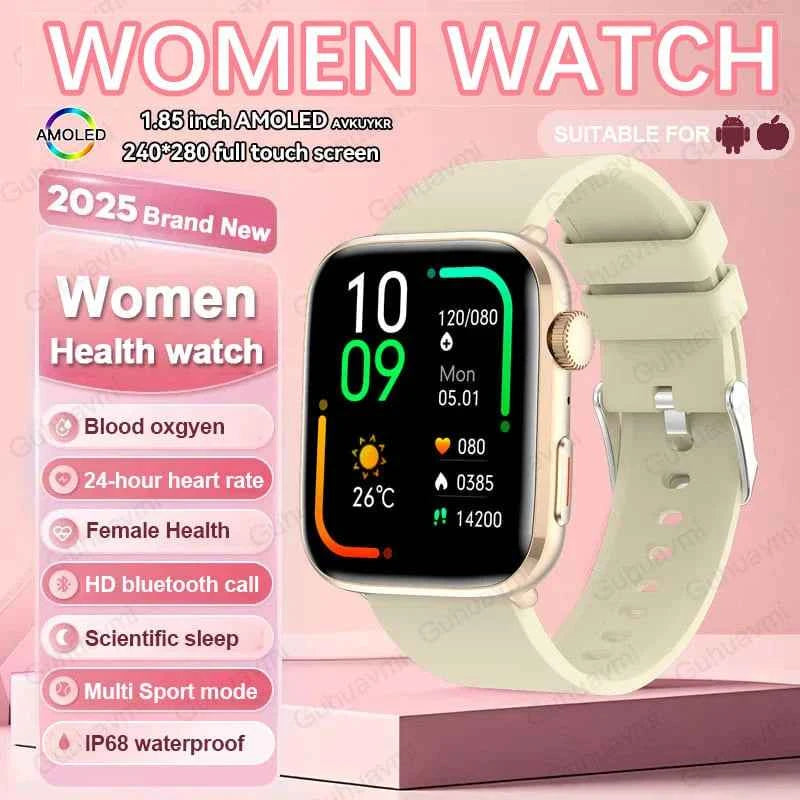 Women’s Smartwatch – AI Health Diagnosis, HRV + PPG, Blood Pressure &amp; SpO2 | 1.85” AMOLED | Bluetooth Call + NFC