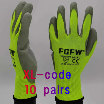 10 Pairs PU Coated Work Gloves - Lightweight, Durable Safety Gloves EN 388/ISO20471 Certified, Sizes S/M/L/XL