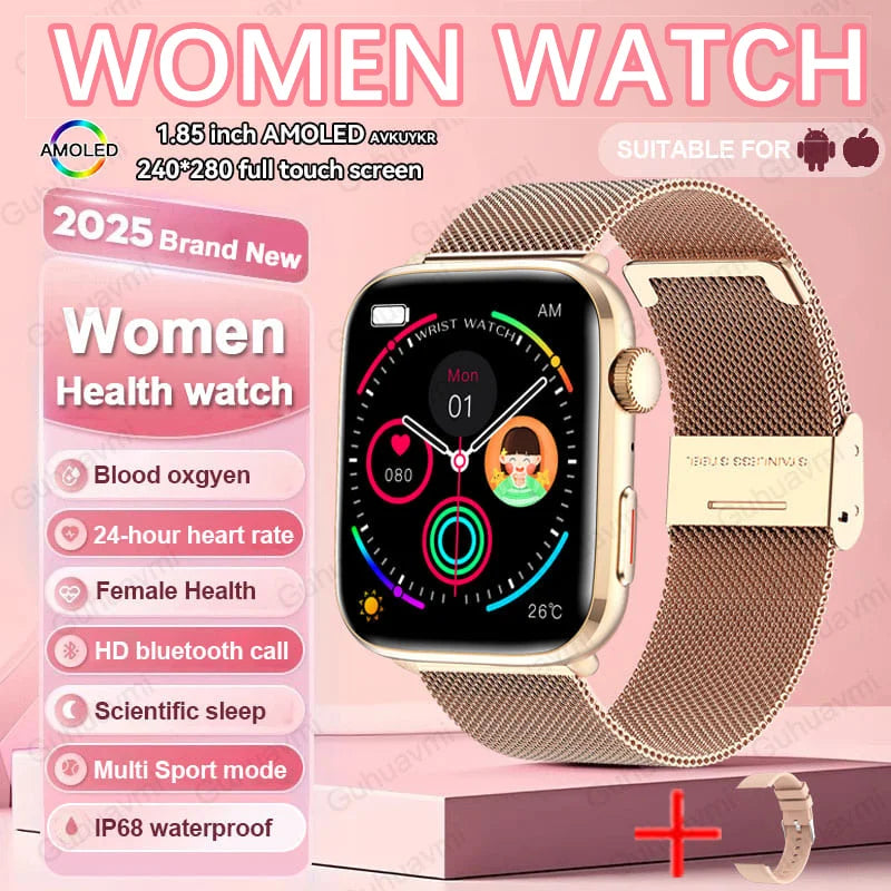 Women’s Smartwatch – AI Health Diagnosis, HRV + PPG, Blood Pressure &amp; SpO2 | 1.85” AMOLED | Bluetooth Call + NFC - TREASURE ESHOP