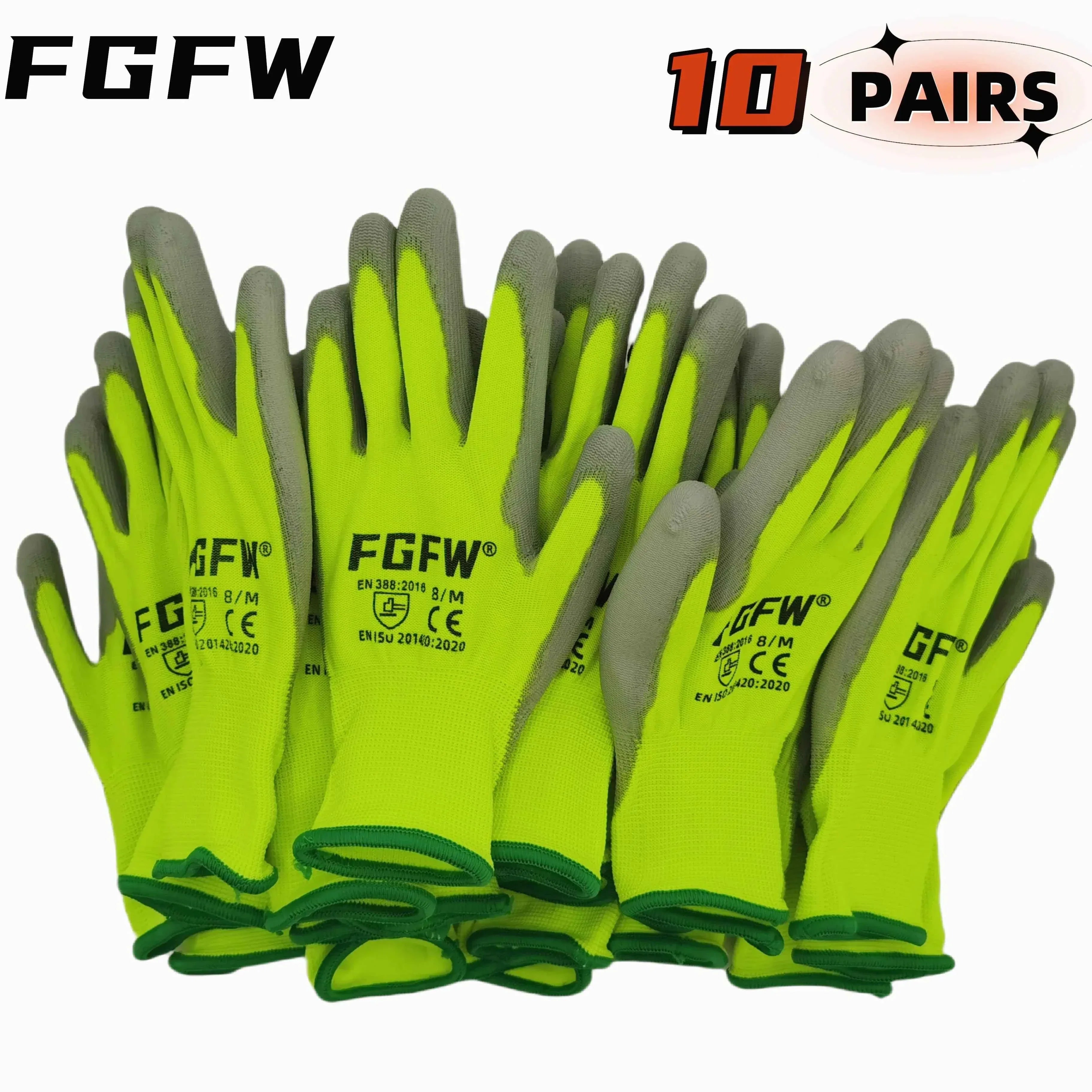 10 Pairs PU Coated Work Gloves - Lightweight, Durable Safety Gloves EN 388/ISO20471 Certified, Sizes S/M/L/XL