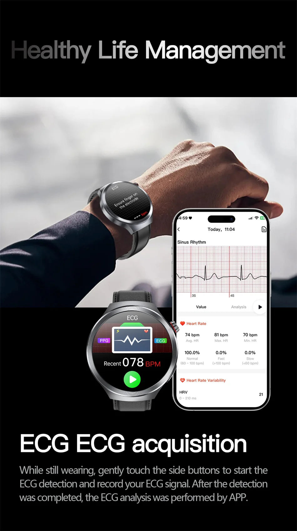 Health Trackr Smartwatch – Uric Acid, Blood Lipids ECG+PPG | 1.73” AMOLED | Body Analysis &amp; AI Diagnosis - TREASURE ESHOP