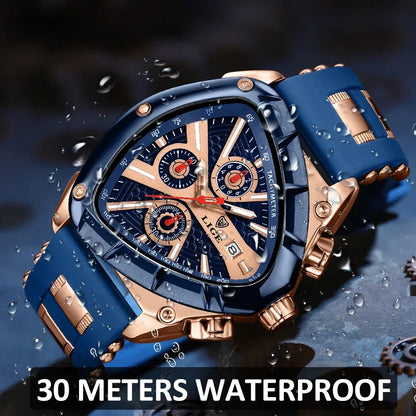 Luxury watch with blue and rose gold design on a dark background