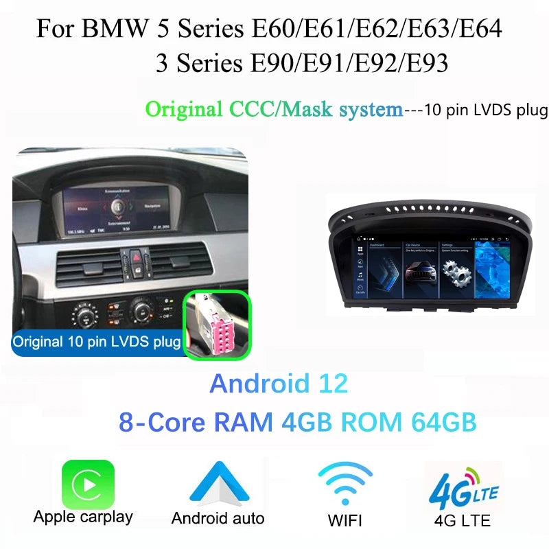 BMW E60 E90 CarPlay Android Auto | 8.8” Android 12 Multimedia - TREASURE ESHOP