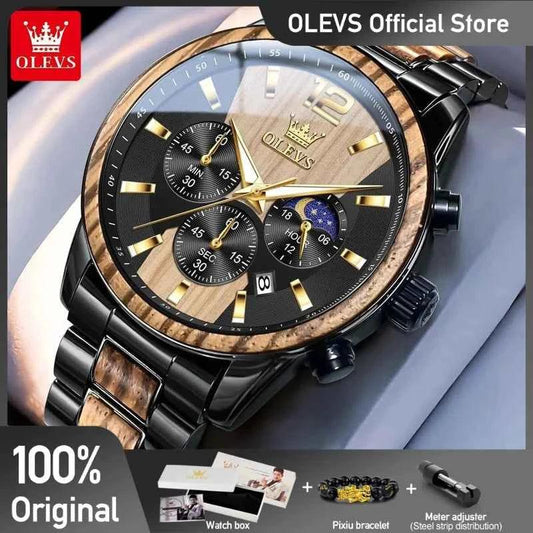 Mens Watch Top Brand Business Original Quartz Watch Solid Wood Multifunctional Chronograph Watch