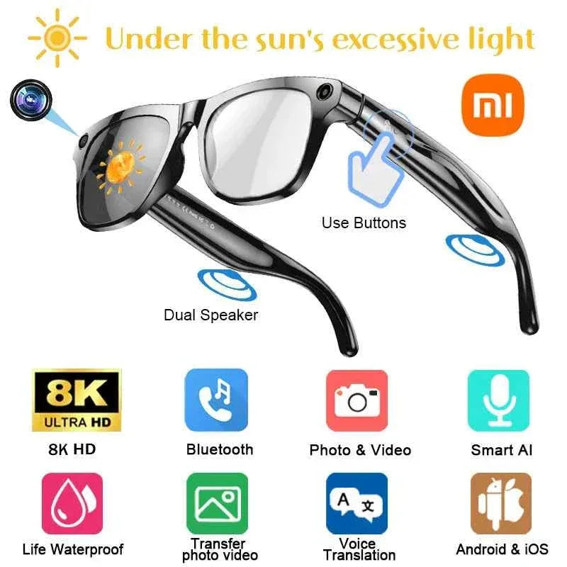 Smart Glasses AI Multifunctional 8K Camera Bluetooth Call Voice Assistant Music Player Translate Photochromic HD Glasses