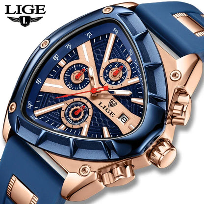 Luxury watch with blue and rose gold design, featuring the brand 'LIGE'.
