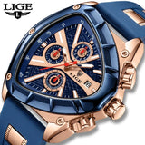 Luxury watch with blue and rose gold design, featuring the brand 'LIGE'.