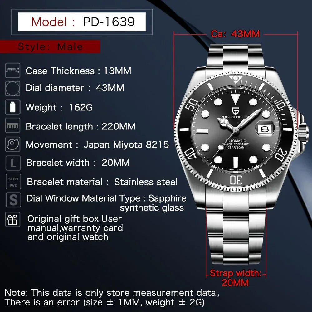 PAGANI DESIGN Automatic Watch Sapphire Glass Mechanical Wristwatch Sports Stainless Steel Waterproof Men Watch - TREASURE ESHOP