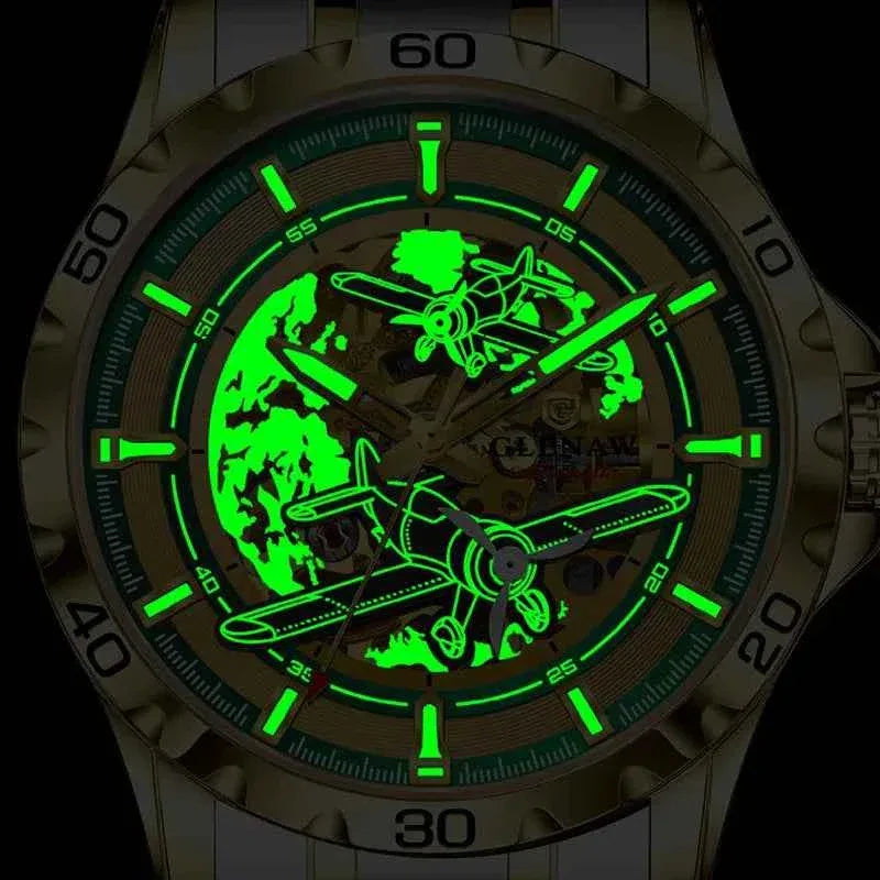 Men Watches Pilot Series Propeller Rotation Hollow Automatic Mechanical Watches waterproof Stainless Steel Watch