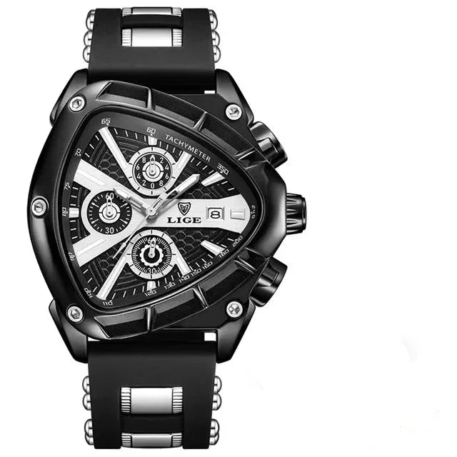 Black wristwatch with detailed design on a white background