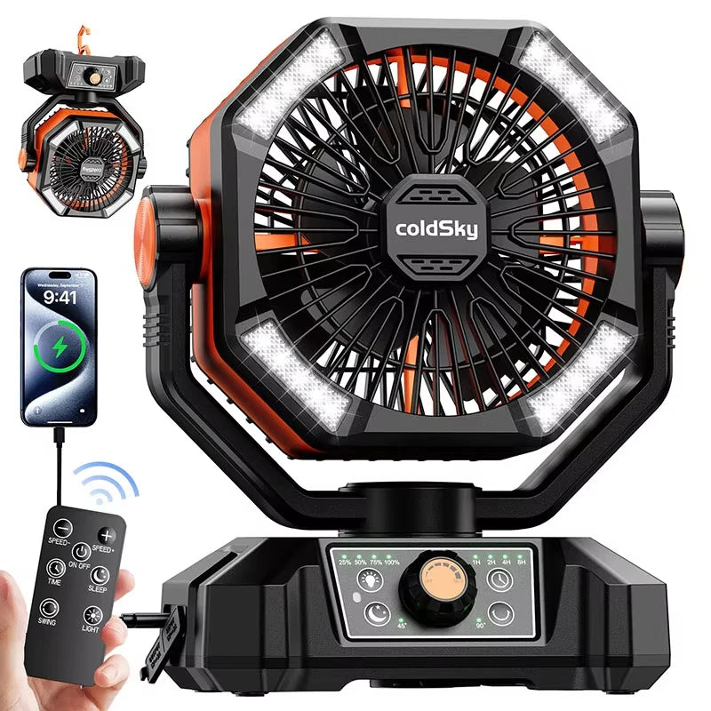 Tragbarer Campingventilator mit 20.000-mAh-Akku, LED-Leuchten und Fernbedienung, aufgehängt im Zelt