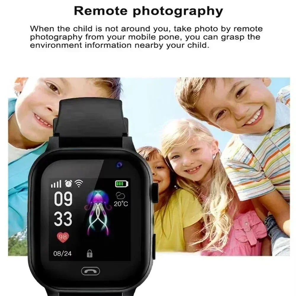 Smartwatch with a screen displaying time and temperature, surrounded by children with text about remote photography.