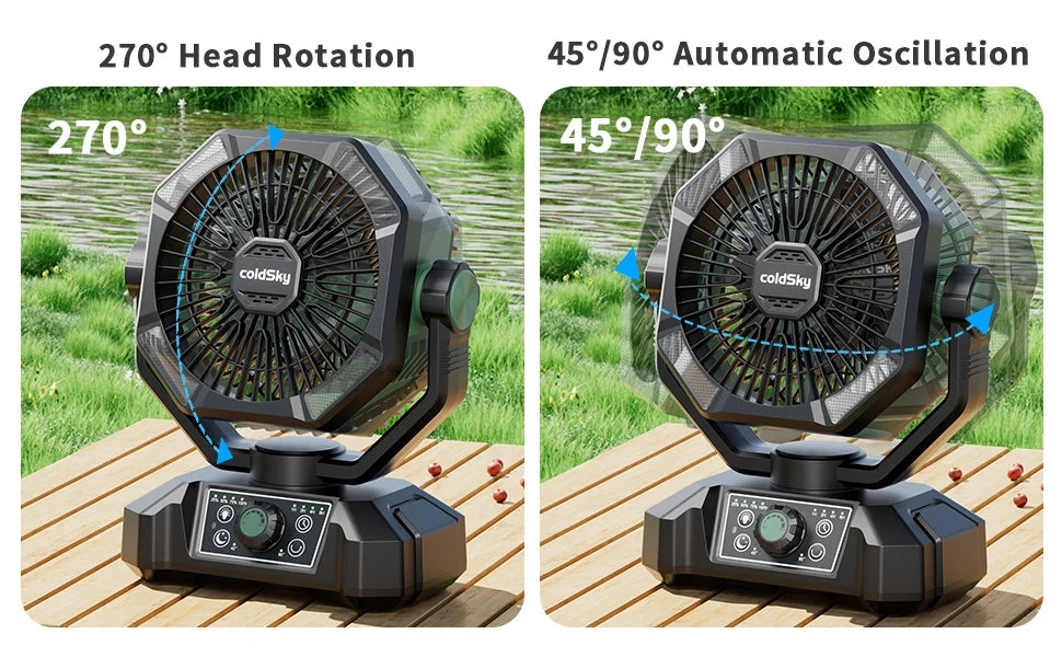 Tragbarer Campingventilator mit 20.000-mAh-Akku, LED-Leuchten und Fernbedienung, aufgehängt im Zelt