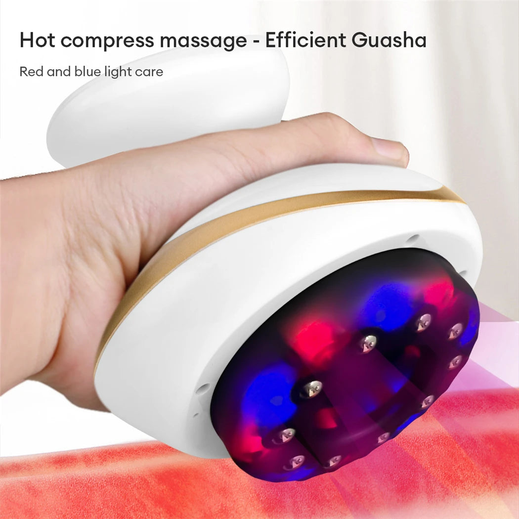 Hand holding a device with red and blue lights labeled 'Hot compress massage - Efficient Guasha'.