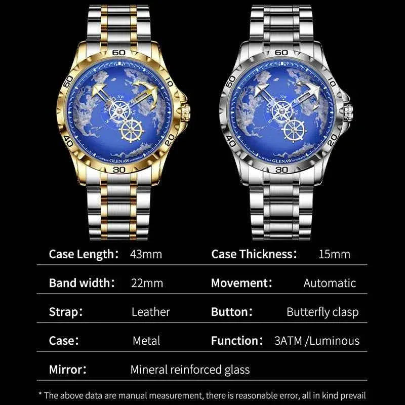 GLENAW Design New Men Watches Nautical Series Traveler Stainless Steel Glowing Waterproof Mechanical Watch Men's Clock GL8683