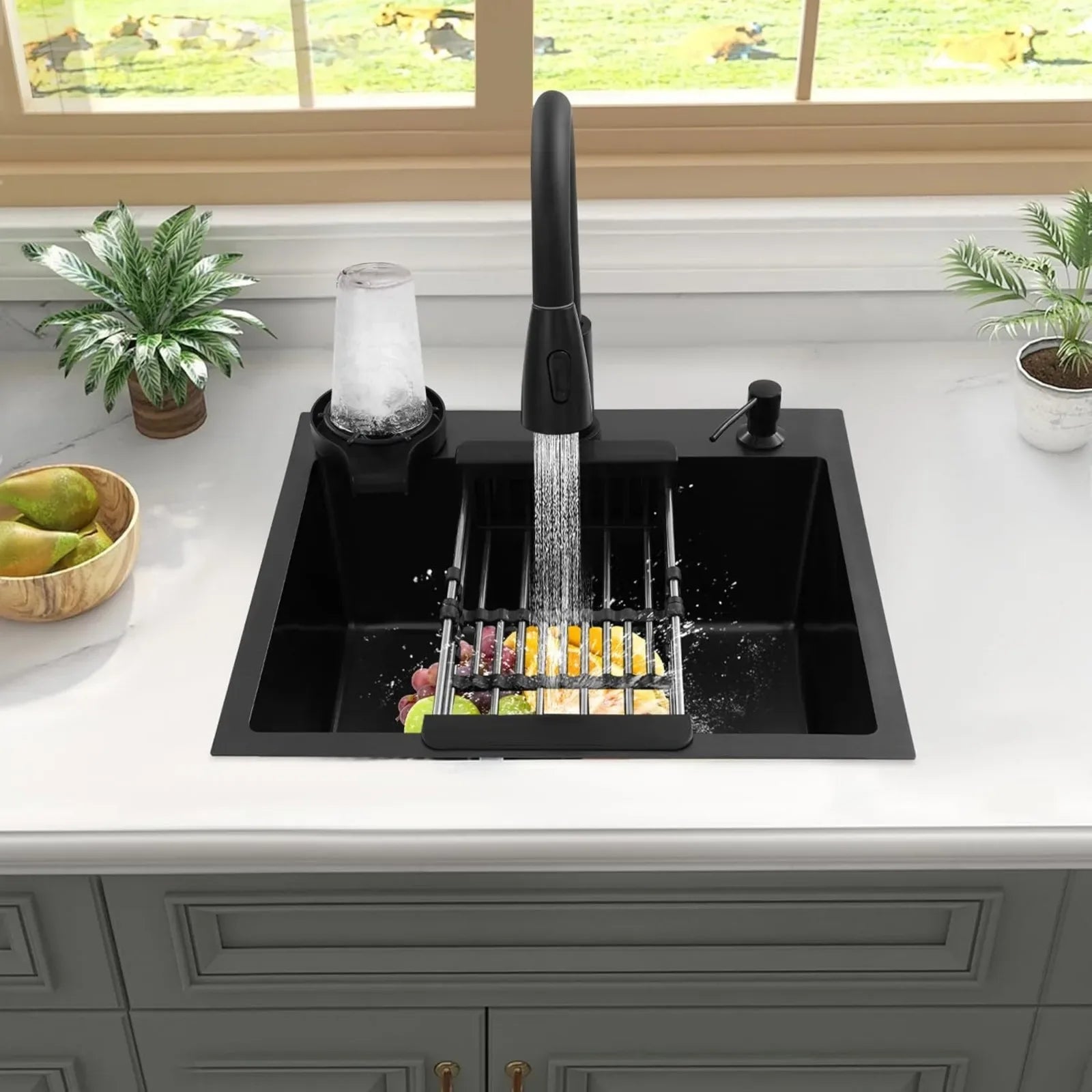 Black Stainless Steel Kitchen Sink 50×45cm with Pull-Out Tap - TREASURE ESHOP