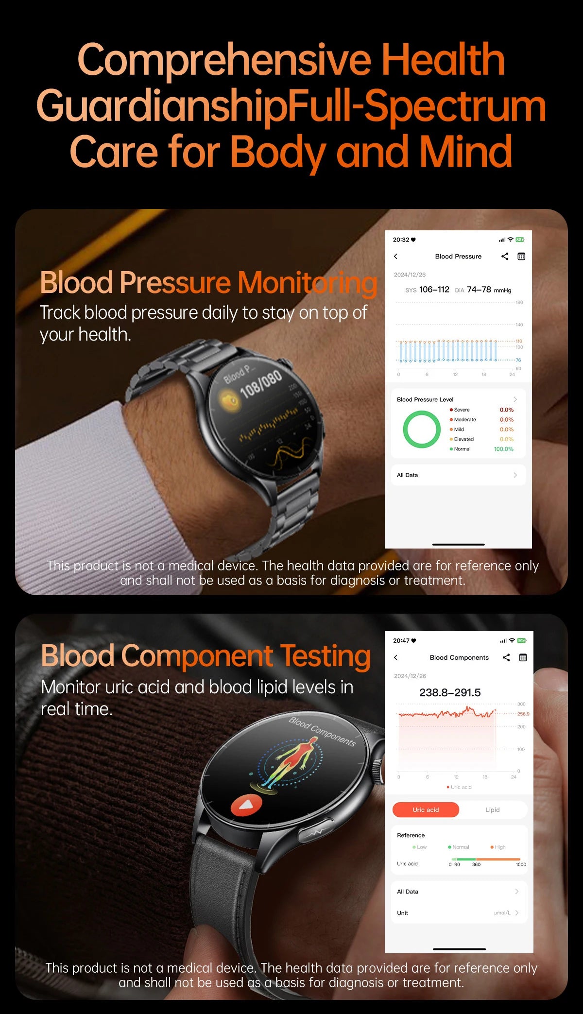 ECG+PPG Smartwatch with Uric Acid, Body Fat Blood Pressure Monitoring – 1.56” AMOLED, NFC, Heart Health Tracker for Android IOS - TREASURE ESHOP