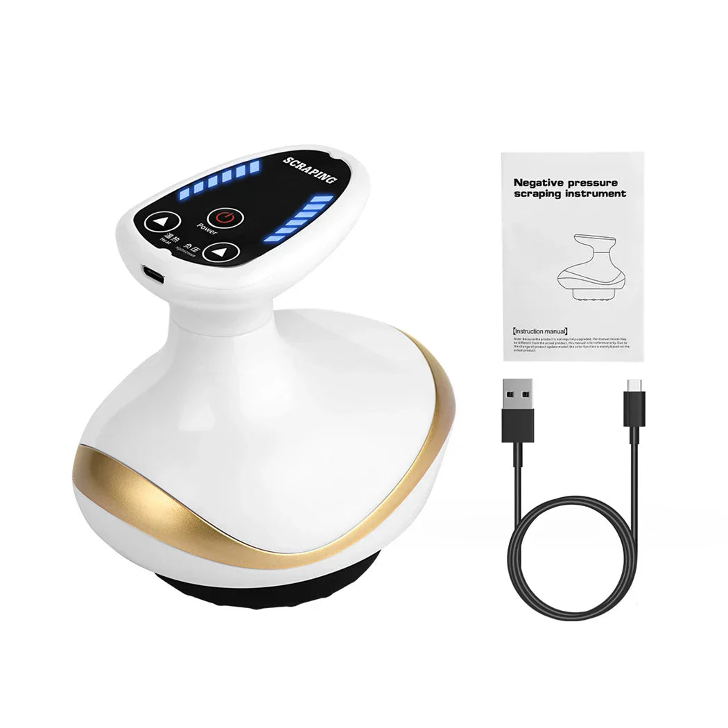 White and gold electronic device with USB cable and packaging on a white background
