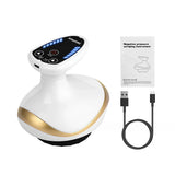 White and gold electronic device with USB cable and packaging on a white background