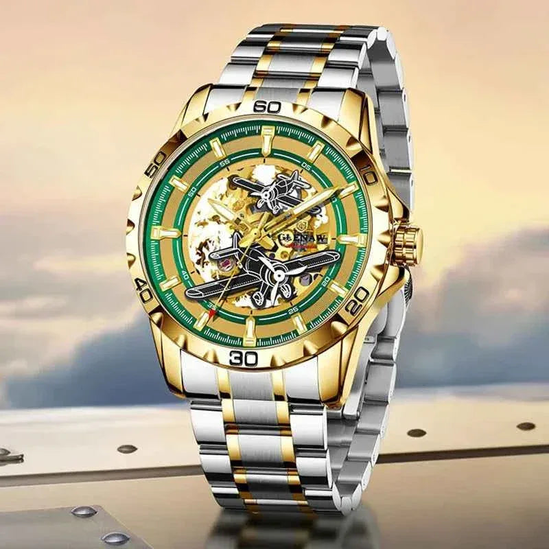 Men Watches Pilot Series Propeller Rotation Hollow Automatic Mechanical Watches waterproof Stainless Steel Watch